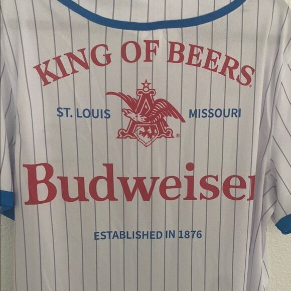 NWT- Budweiser Blue-Trimmed Striped baseball Jersey- Size large - Picture 8 of 10